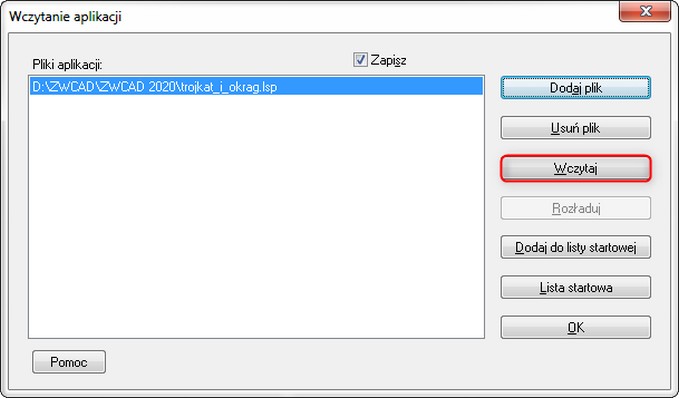 Kliknięcie przycisku Wczytaj w ZWCAD aby załadować plik LISP 