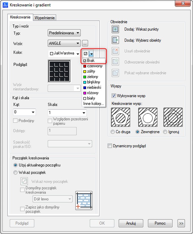 Okno dialogowe Kreskowanie i gradient z zaznaczoną opcją umożliwiającą wybór tła dla kreskowania (hatch’a)